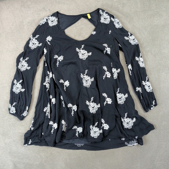 Free People Dress Womens Small Black Floral Embroidered Open Back Mini Boho Boho — photo 2